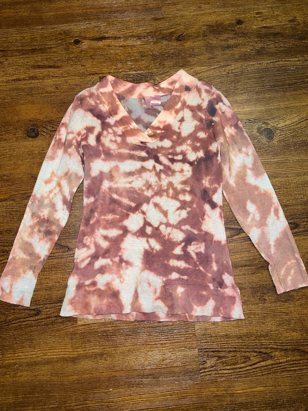 Tiara V-Neck Brown Acid Wash Boho Long Sleeve Stretch Fitted Sweater Size S